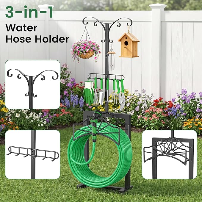 71 Inch Garden Hose Holder,Heavy Duty Free Standing Hose Rack with 6 Shepherd Hooks & 6 Hangers,Holds Up to 160ft Hose,Outdoor Hose Storage for Garden, Yard & Patio