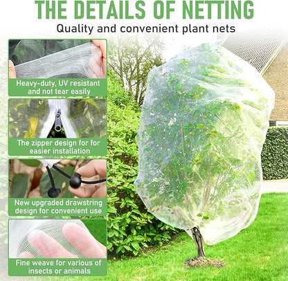 Fruit Tree Netting, Plant Mesh Netting for Garden Protection, Blueberry Bush Insect Netting Cover as Garden Pest Barrier from Cicadas, Bug, Bird (8x8 FT, 2Pcs, Zipper & Drawstring Design)