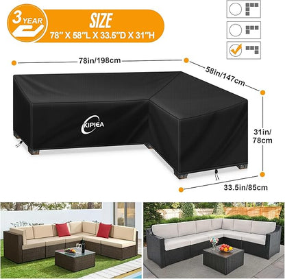 Kipiea L-Shape Patio Furniture Covers Waterproof, 500D Heavy Duty Outdoor Sectional Cover Windproof, Outdoor Couch Cover Anti-UV, No Tears & No Fading (Left Facing, 78" x 58" L x 33.5" D x 31" H)
