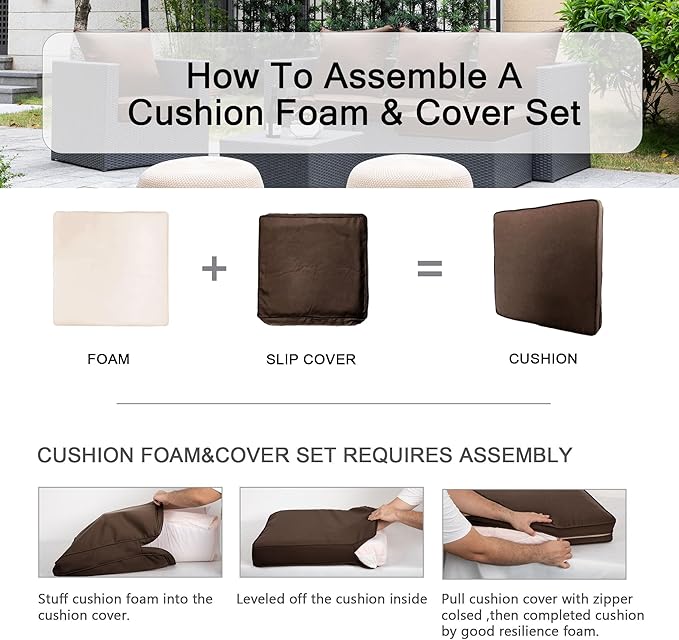 ARTPLAN Deep Seat Cushion with Backrest Set of 2 - All-Weather Outdoor Sofa Cushions for Sectionals-Polyester Fabric, Waterproof-High-Resilience Foam for Patio, Backyard Garden,Brown