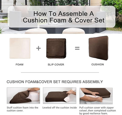 ARTPLAN Deep Seat Cushion with Backrest Set of 2 - All-Weather Outdoor Sofa Cushions for Sectionals-Polyester Fabric, Waterproof-High-Resilience Foam for Patio, Backyard Garden,Brown