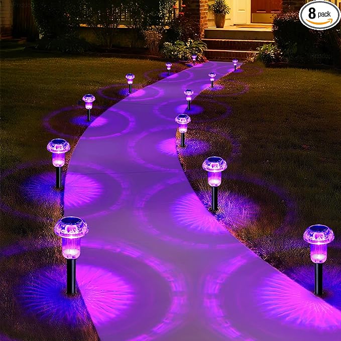 Priddop Solar Lights Outdoor Pathway Waterproof 8 Pack Purple LED Acrylic Mushroom Decorative Garden Lights for Yard Landscape Patio Outside Decorations