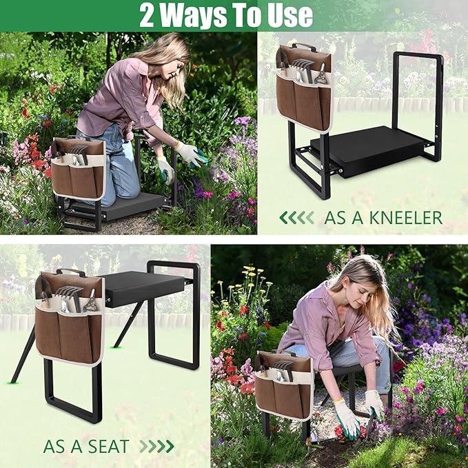 seasky Foldable Garden Kneeler and Seat, Anti-Tipping Gardening Bench Widened Thick Soft Kneeling Pad，Heavy Duty Gardening Stool with Garden Tool Bag, Gardening Gift for Women(Without Gloves)