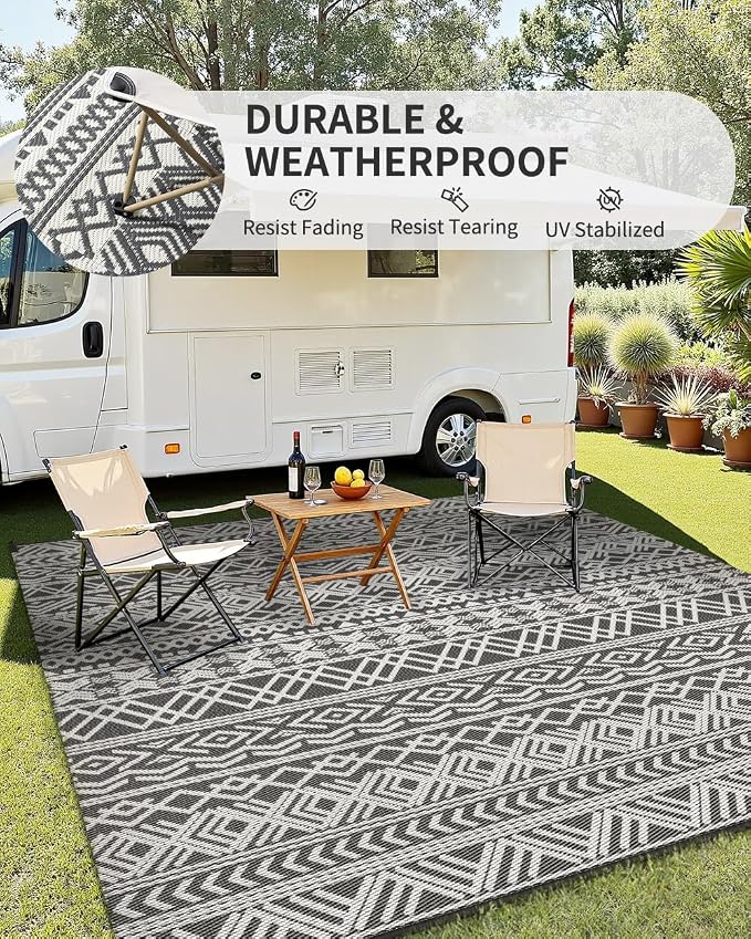 MontVoo Outdoor Rug Carpet Waterproof 5x8 Outdoor Patio Rug Mat Reverisble Plastic Straw Outdoor Rug for RV Camping Picnic Beach Balcony Boho Grey