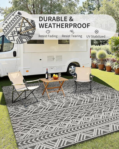 MontVoo-Outdoor Rug Waterproof 6x9 ft Outdoor Carpet Patio Rug Mat Reversible RV Camping Rug-Plastic Straw Rug Outside Outdoor Area Rug for Patio Deck Balcony Backyard Picnic Beach -Boho Grey