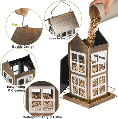Bird Feeders, Heavy Duty Metal Bird Feeder for Outdoors Hanging, Weatherproof Large Capacity Wild Birdfeeder for Outside Garden Yard, Country House Shape (Vertical)