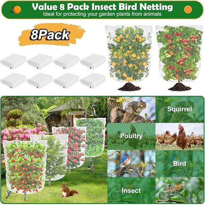 Mckanti 8 Pack Bird Netting for Blueberry Bushes, 3.2×5.2Ft Tree Netting Barrier Plant Cover Bags with Drawstring, Blueberry Bush Netting Cover for Garden to Protect Blueberry Fruit Flower Plants