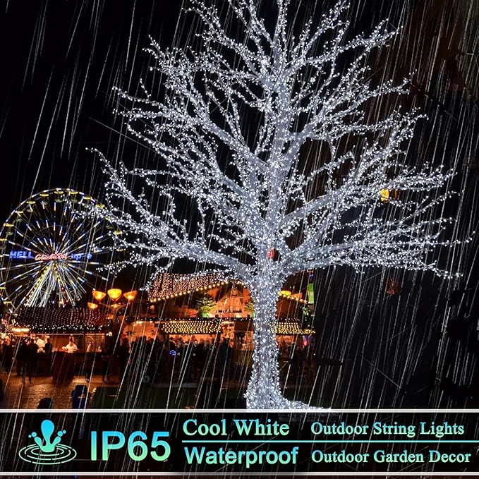 OZS 4 Pack 320LED Solar String Lights Outdoor, Waterproof 8 Modes Solar Tree Light, Green Wire Christmas Lights Outdoor for Garden, Party, Wedding, Christmas Decorations (Cool White)