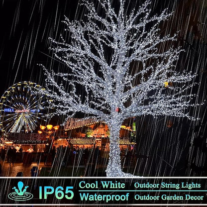 OZS 4 Pack 320LED Solar String Lights Outdoor, Waterproof 8 Modes Solar Tree Light, Green Wire Christmas Lights Outdoor for Garden, Party, Wedding, Christmas Decorations (Cool White)