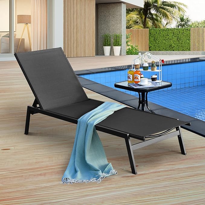 Tangkula 2 Pieces Outdoor Chaise Lounge Chair, 6-Position Adjustable Reclining Chair with Breathable Fabric and Heavy Duty Steel Frame, Patio Lounge Chair for Garden, Backyard and Poolside (2, Black)