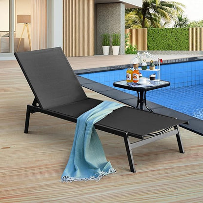 Tangkula 2 Pieces Outdoor Chaise Lounge Chair, 6-Position Adjustable Reclining Chair with Breathable Fabric and Heavy Duty Steel Frame, Patio Lounge Chair for Garden, Backyard and Poolside (2, Black)