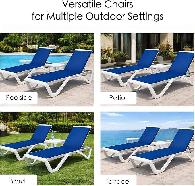 Kozyard Outdoor Chaise Lounge Chair Set, Fully Flat Adjustable Patio Lounger with Aluminum Frame & Resin Legs, Textilene Fabric for Poolside, Backyard & Beach (Blue, Chair + Table)