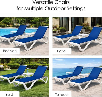 Kozyard 3-Piece Outdoor Chaise Lounge Set Fully Flat Adjustable Lounger | Aluminum Frame, Resin Legs, Textilene Fabric for Poolside, Backyard, Beach, Blue, 2Chairs +Table