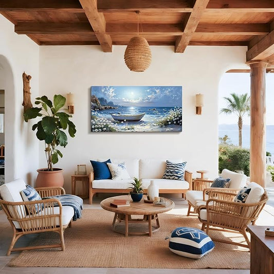 SERIMINO Beach Wall Art, Oversized Wall Art, Coastal Wall Decor, Beachy Boat Rustic Pictures Prints, Blue Seascape Paintings for Living Room Bedroom Dining Room Office Farmhouse Hotel 29"x57"