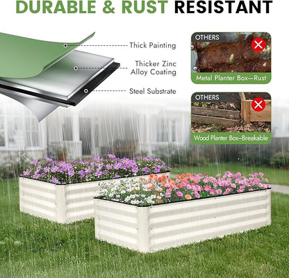 INNO STAGE Galvanized Raised Garden Bed Kits, 4x2x1ft Metal Raised Garden Beds Outdoor, Steel Raised Planter Bed with Gloves for Vegetables & Flowers Patio Ground Planter Box (White, 2PCS)