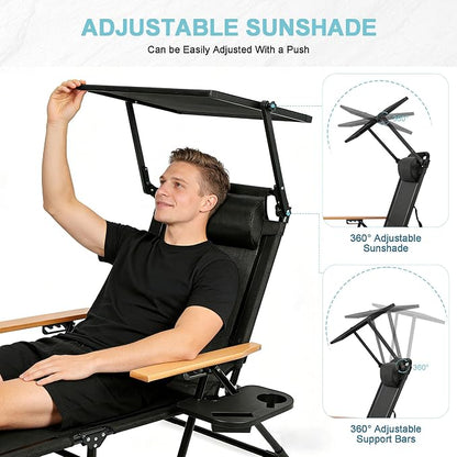Outdoor Chaise Lounge Chair with 4-Position Adjustable Backrest,Patio Folding Sun Tanning Chair,Pillow & Cup Holder,Portable Recliner Sunbathing Lounger Chairs for Beach Garden (Black with Shade)