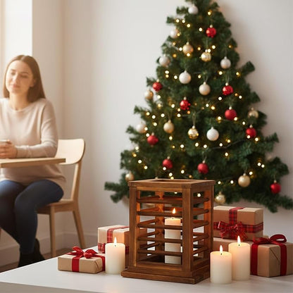 Premium 11.5" H Lantern Decorative Indoor & Outdoor - Large Wooden Candle Lantern & Plant Stand for Holiday Decor, Farmhouse, Patio, Table | Golden Teak Finish