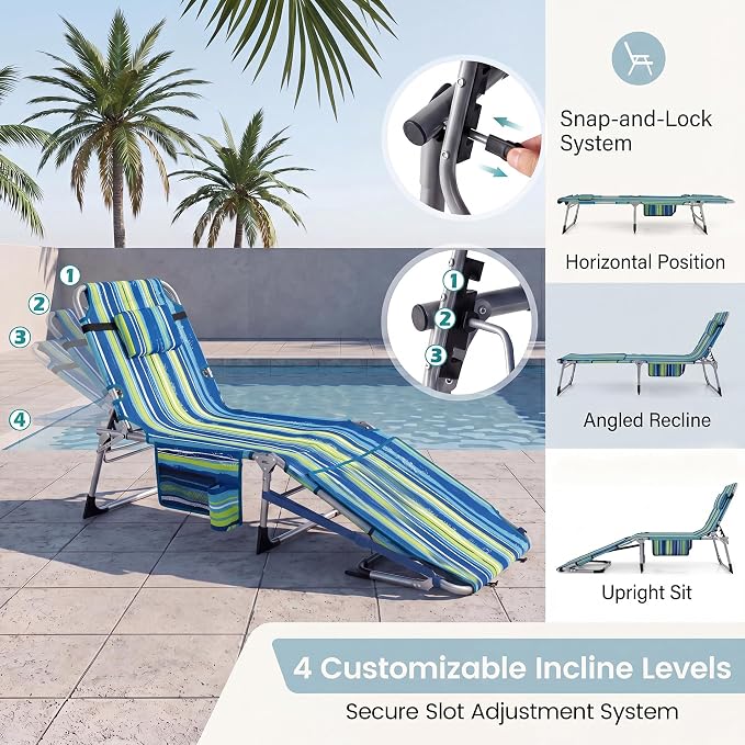 Giantex Tanning Chair, 330Lbs Patio Lounge Chair with 5 Adjustable Position, Face & Arm Hole, Hand/Shoulder Strap, Removable Pillow, Side Pocket, Chaise Lounger for Beach Sunbathing Outdoor, Stripe