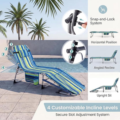 Giantex Tanning Chair, 330Lbs Patio Lounge Chair with 5 Adjustable Position, Face & Arm Hole, Hand/Shoulder Strap, Removable Pillow, Side Pocket, Chaise Lounger for Beach Sunbathing Outdoor, Stripe