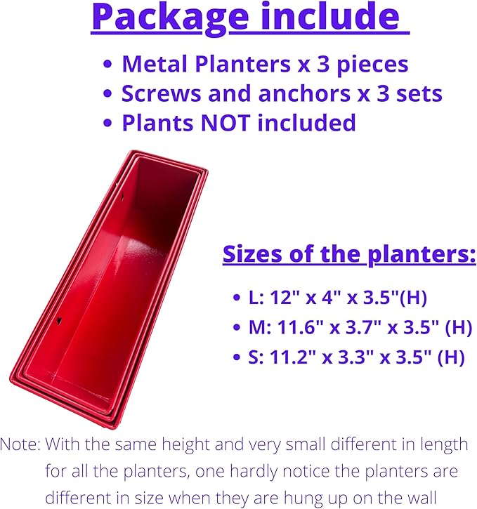 LaLaGreen Wall Planter (3 Pack, 12 Inch) Large Wall Mount Planters for Succulents Red, Wall Hanging Rectangle Metal Flower Pot Long Window Boxes Festive Season Christmas Thanksgiving Decoration Indoor