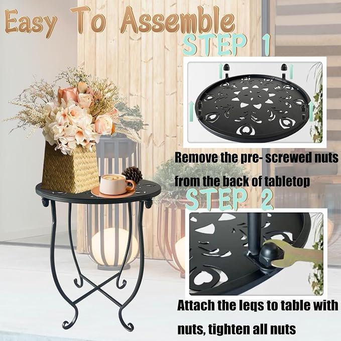 Outdoor Side Table, 14-inch Small Round Metal Patio Table with Flower Cut-Out Design, Set of 2 Modern Rust-Proof Portable End Table Patio Side Table for Outside Garden Balcony Yard & Indoor Use