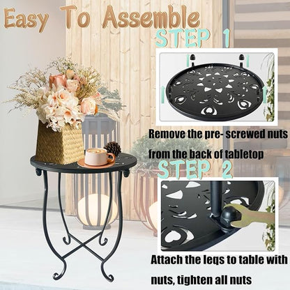 Outdoor Side Table, 14-inch Small Round Metal Patio Table with Flower Cut-Out Design, Set of 2 Modern Rust-Proof Portable End Table Patio Side Table for Outside Garden Balcony Yard & Indoor Use