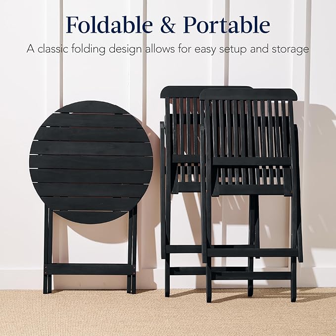 Best Choice Products 3-Piece Acacia Wood Bistro Set, Folding Patio Furniture for Backyard, Balcony, Deck w/ 2 Chairs, Round Coffee Table, Teak Finish - Charcoal