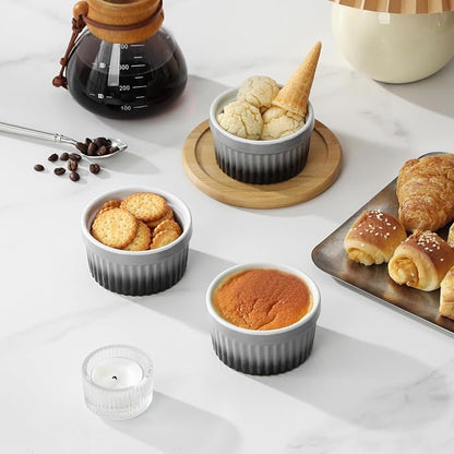 MALACASA Ramekins 4 oz Oven Safe, Small Ceramic Souffle Dishes for Creme Brulee Souffle, Stoneware Custard Cups Ramiken for Baking, Baking Bowls Dipping Sauce Dish Set of 6, Grey, Series RAMEKIN-DISH