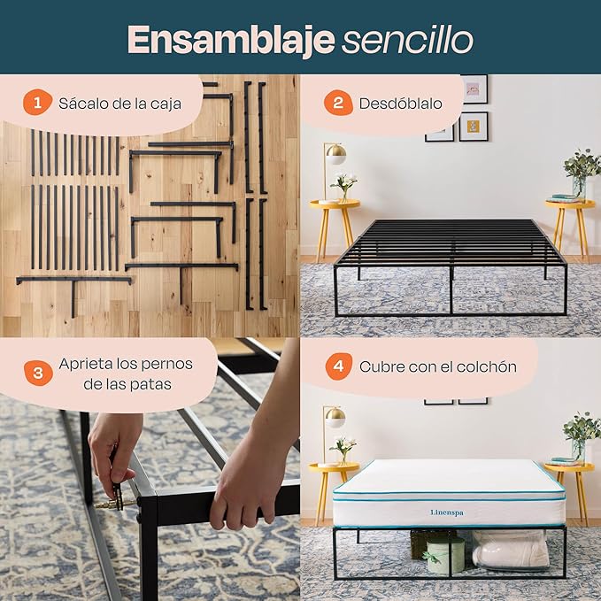 Linenspa Folding Metal Platform Bed Frame - Easy Assembly - Sturdy Steel - No Box Spring Needed - Underbed Storage - Mattress Foundation - 14" High - Traditional Design - Queen Size
