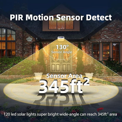 HMCITY 120 LED Solar Lights Outdoor with Motion Sensor and 3 Lighting Modes, IP65 Waterproof Wide Solar Wall Lights Ideal for Garden Patio Yard (Front Button 8Packs, White Shell-Warm White)