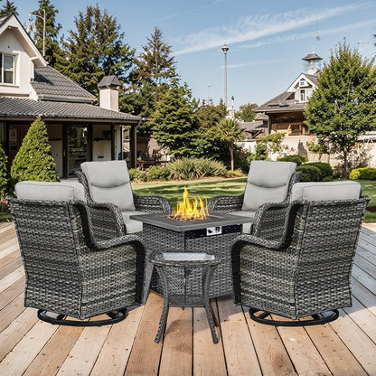 Patio Swivel Chairs with Smile-Shaped Cushions, 3 Piece High Back Patio Swivel Glider Chairs with Side Table 3PCS PE Rattan Luxury Swivel Patio Chair Set | Grey Wicker - Grey Cushions