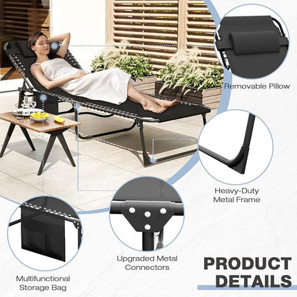 Outdoor Lounge Chair, Foldable Reclining Chaise Lounge with Detachable Pillow & Side Pocket, 4-Position Recliner Tanning Chair for Beach, Pool, Lawn, Backyard, Black, 2 Packs