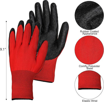 Lawei 48 Pairs Gardening Gloves for Men Women, 9 Inch Rubber Coated Safety Work Gloves Bulk, Breathable Reusable Garden Gloves for Weeding, Digging, Raking, Pruning and Construction, Black and Red