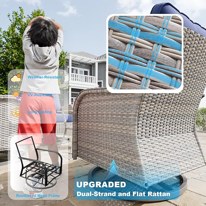 5-Piece Small Patio Furniture Set, Outdoor Swivel Rocking Chairs Set with Ottomans, Patio Bistro Set for Balcony, Deck, Porch, Navy Blue