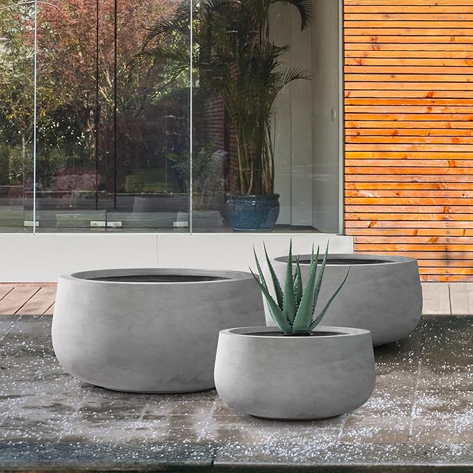 Kante 19.6",15.7",11.8" Dia Round Concrete Planters Set of 3, Outdoor Indoor Garden Plant Pots with Drainage Hole and Rubber Plug, Modern Curvaceous Design, Natural Concrete