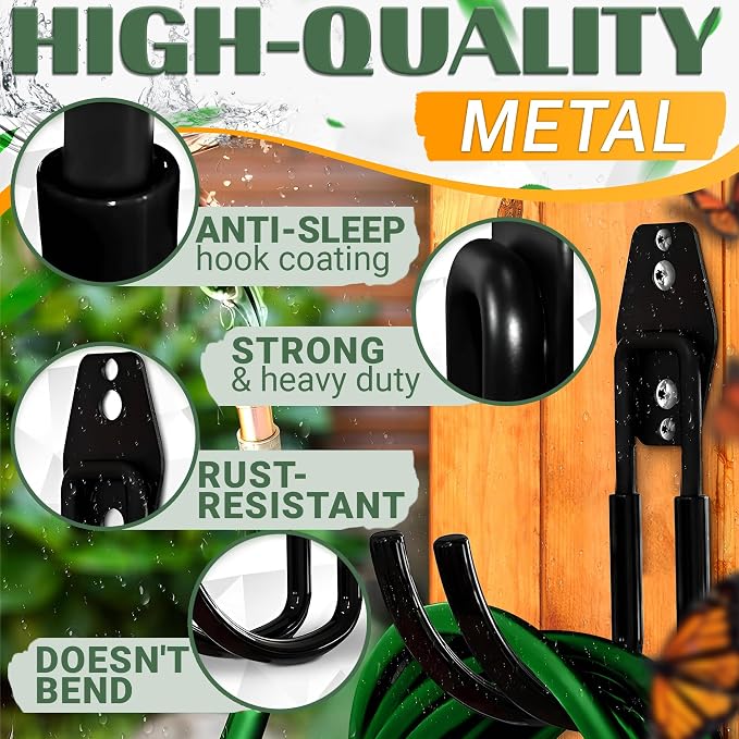 2 Pcs Hose Hook Wall Mount with Heavy-Duty Steel Construction - Anti-Slip Coating, Holds Up to 66 lbs of Hoses, Cords, and Tools - Garden Hose Hanger for Outside Yard, Garage, Shed, or Fence Post