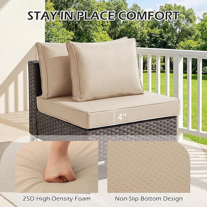HOMREST 14-Piece Outdoor Cushions for Patio Furniture, 25x25 Inch Deep Seat Replacement Cushions Set with Water-Resistant Cover & Non-Slip Base, Fits 6-Seat Rattan Wicker Sectional Sofa, Khaki