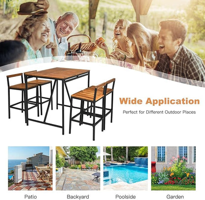 RELAX4LIFE 5-Piece Patio Bar Set, Acacia Wood Counter Height Bistro Dining Table w/Umbrella Hole, Wicker Rattan Bar Stools Set of 4 for Balcony Backyard Poolside, 5PCS Outdoor Bar Table and Chairs Set