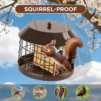 Gbekery Caged Suet Bird Feeder for Outdoors Hanging, Squirrel Proof Double Suet Feeder for Small Birds, Metal Cage with Detachable Hook, Large Space, Outdoors Weatherproof, Brown