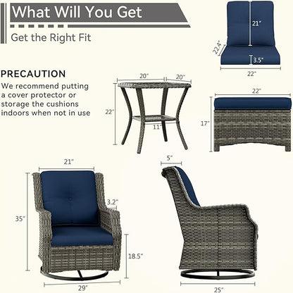 5 Piece Patio Furniture Wicker Conversation Set, 2 Swivel Chairs, 2 Ottomans with 1 Side Table, for Outdoors, Backyard, Deck, Navy