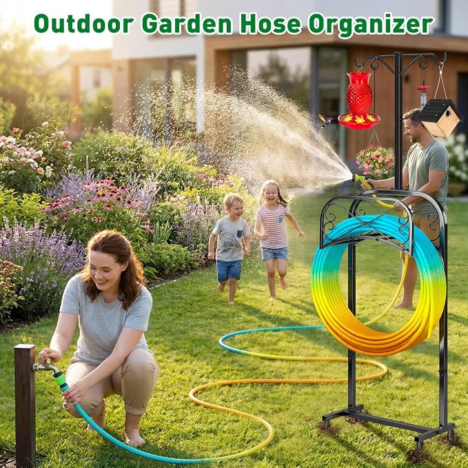 Gtongoko Garden Hose Holder for Outside 70" with 4 Prongs Base & 2 Shepherds Hooks Heavy Duty Freestanding Metal Water Hose Holder Stand Holds Up to 150FT Hose & 44LB Detachable Hose Storage for Yard