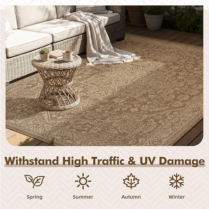 MontVoo-Outdoor Rug-Patio Rug 9x12 ft Polypropylene Indoor Outdoor Rugs Carpet for Patio Deck Balcony Porch, Textured Weave, Durable for High Traffic, Fade-Resistant, Vintage Medallion Neutral Brown