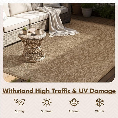 MontVoo-Outdoor Rug-Patio Rug 8x10 Polypropylene Indoor Outdoor Rugs Carpet for Patio Deck Balcony Porch, Textured Weave, Durable for High Traffic, Fade-Resistant, Vintage Medallion Neutral Brown