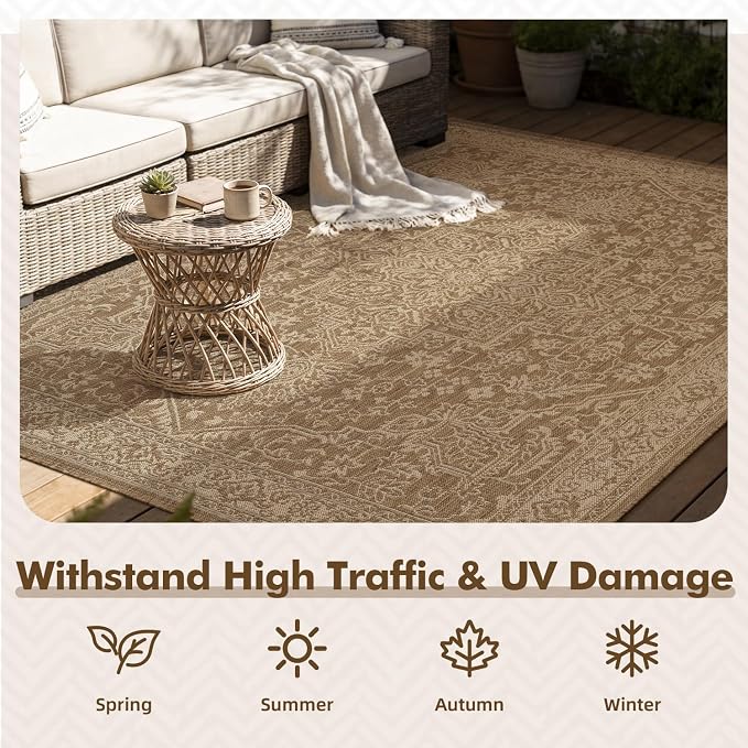 MontVoo-Outdoor Rug-Patio Rug 5x7 ft Polypropylene Indoor Outdoor Rugs Carpet for Patio Deck Balcony Porch, Textured Weave, Durable for High Traffic, Fade-Resistant, Vintage Medallion Neutral Brown