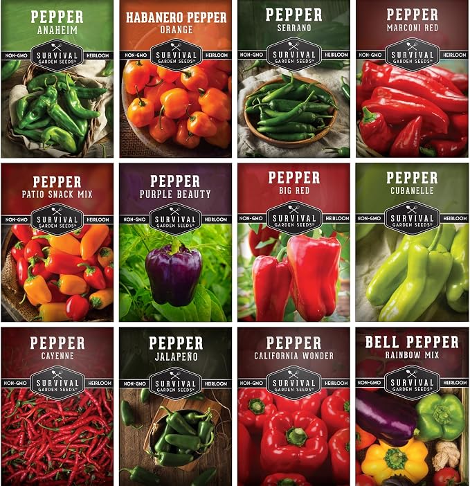 Pepper Seeds for Planting - 12 Variety Pack | Jalapeño, Serrano, Cayenne, Bell, Habanero, Anaheim & More – Hot & Sweet Heirloom, Non-GMO Pepper Seed Varieties – Survival Garden Seeds