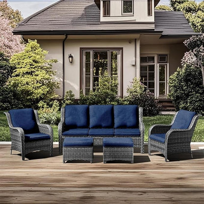 5 Pieces Outdoor Patio Furniture Conversation Set PE Rattan Wicker with a 3-Seater Sofa, 2 Armchairs, 2 Outdoor Ottomans for Yard Backyard (Grey/Navy Blue)
