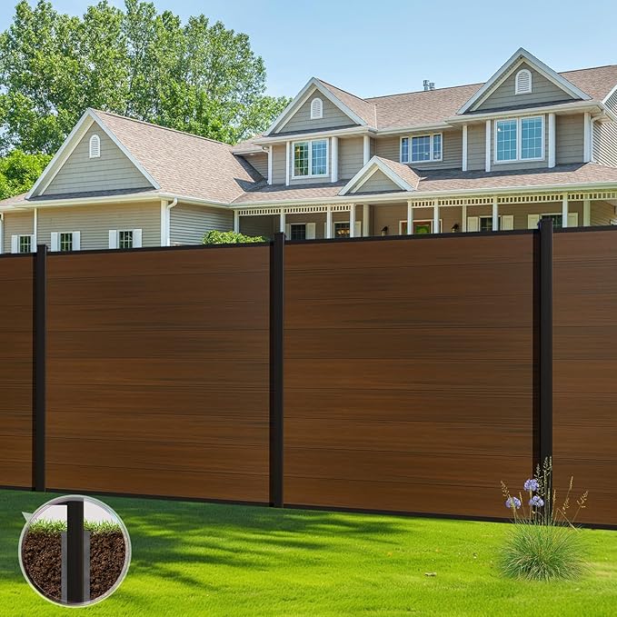 6 Feet×6 Feet Privacy Fence, Outdoor Wood Plastic Composite Fence Panel, Waterproof Security Barriers Fencing (Brown with One 7.6FT Post)