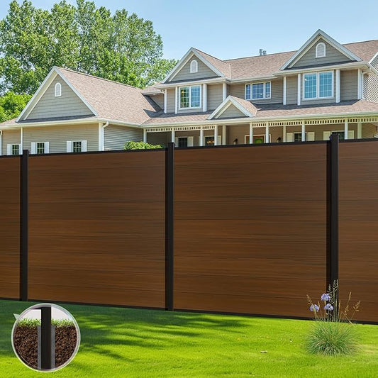 6 Feet×6 Feet Privacy Fence, Outdoor Wood Plastic Composite Fence Panel, Waterproof Security Barriers Fencing (Brown with One 7.6FT Post)
