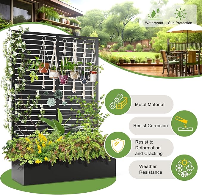 FENCY Metal Raised Garden Bed with Trellis, Metal Planter Box with Trellis, Garden Box for Climbing Plants Vegetable, 47" Lx16 Wx71 H Garden Bed with Drainage Holes(Black-Louvered)