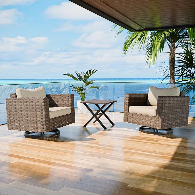 COOS BAY Lanai Chic 3 Piece Outdoor Bistro Set, Small Patio Conversation Set, Outdoor Patio Furniture, 2 Swivel Rockers and Side Table, Brown/Beige